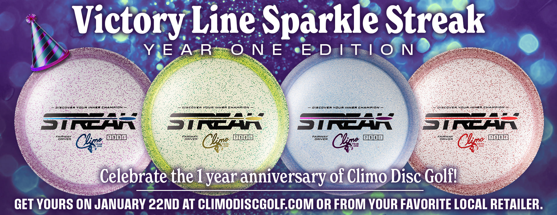 Promotional banner for Climo Disc Golf's 'Victory Line Sparkle Streak' with four glittery discs and celebratory text.